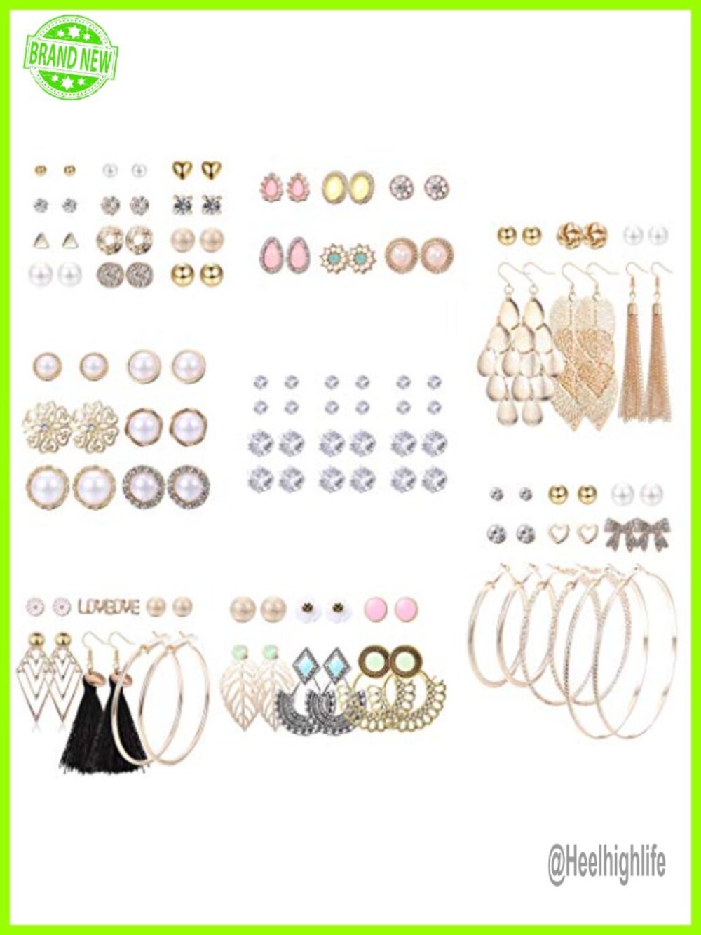 63 Pair Assorted Stud Earrings Set Faux Pearl CZ Alloy Hoop Women Jewelry